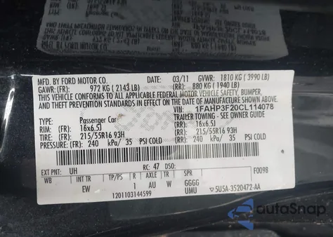 2012 Ford Focus Se z USA, uszkodzony, nr VIN 1FAHP3F20CL114078